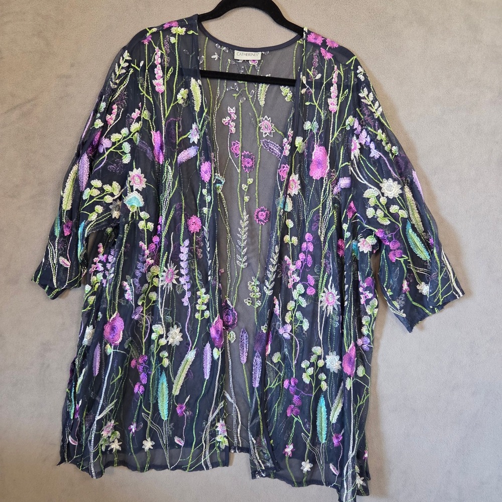Catherines Floral Mesh Embroidered Kimono Women's Size 1X Sheer Boho Fairy‎
